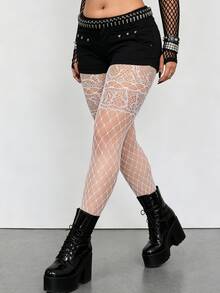 1 Pair Plus Size Women's White Lace Top Fishnet Stockings, Punk Elastic Mesh Thigh High Socks, Suitable For Pairing With Shorts And Platform Boots - White - View 4