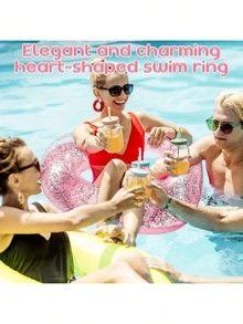 1pc Sequin Heart-Shaped Swim Ring For Adults, Heart Design, Extra Large Thickened Inflatable Life Buoy Drift Float - Multicolor - View 10