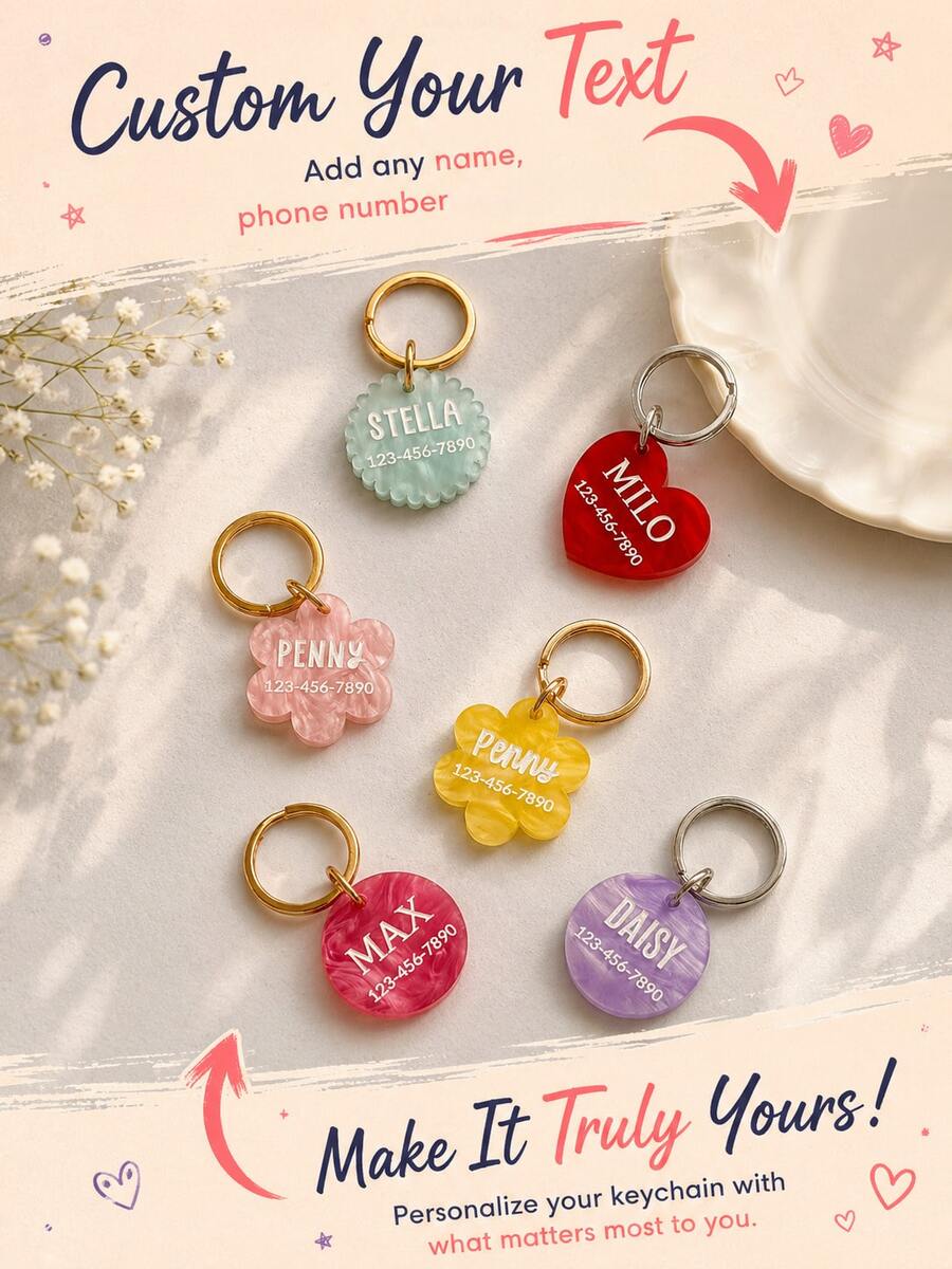 Personalized Acrylic Pet ID Tags, Customized Dog Name, Cat Tags, Customized Name And Phone Number Dog Cat Tags, Anti-Lost Tags, Cute Cat Dog Accessories, Customized Text Heart/Flower/Round/Scallop Shape Keychains, Gift For Pet Lovers - H-pet Identification Tag - View 1