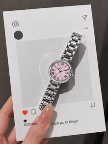 女款石英手錶 優雅銀色錶帶 粉色小錶盤 羅馬數字 女款石英錶 蝴蝶扣不鏽鋼錶帶 時尚休閒手錶 生日禮物 聖誕禮物 女孩理想禮物 - 銀色 - 查看 11