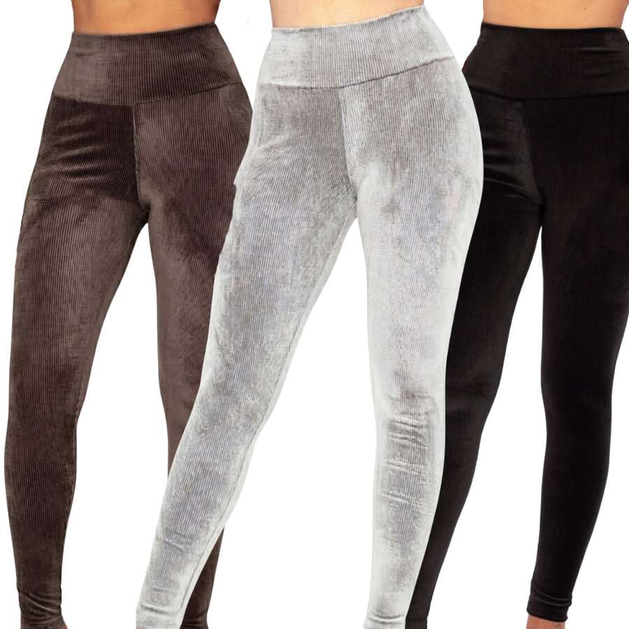 Set Of 3 Corduroy Plush Leggings, Comfortable, Thick Fabric, For Winter - Black / Brown / Gray - View 1