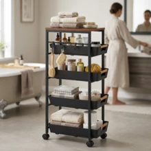 5-Tier Slim Storage Trolley With Wooden Top - Black - View 4