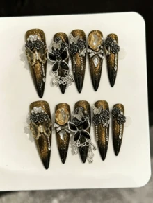 10pcs Handmade Pressed Long Pointed Fake Nails, [Black Gold Butterfly] Hand-Applied High-End Durable Cat Eye Gothic Style 3D Rhinestone Butterfly, Elegant And Charming, Perfect Choice For Banquet And Party - Gold - View 1