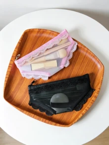 黑色小眾個性化化妝包，獨特造型收納包，便攜式網格化妝品與文具收納包－酷女孩必備化妝旅行盥洗包，美甲包，度假必需品，防曬乳包，沙灘包，美學風格 - 黑色 - 查看 6