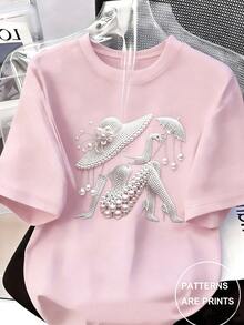 Pink Pearl Beaded Print Women Cotton Tee, French Retro Lady Graphic Rhinestone Top, Loose Crew Neck Short Sleeve Casual Summer T-Shirt, Vintage Hippie - 粉色 - 查看 1