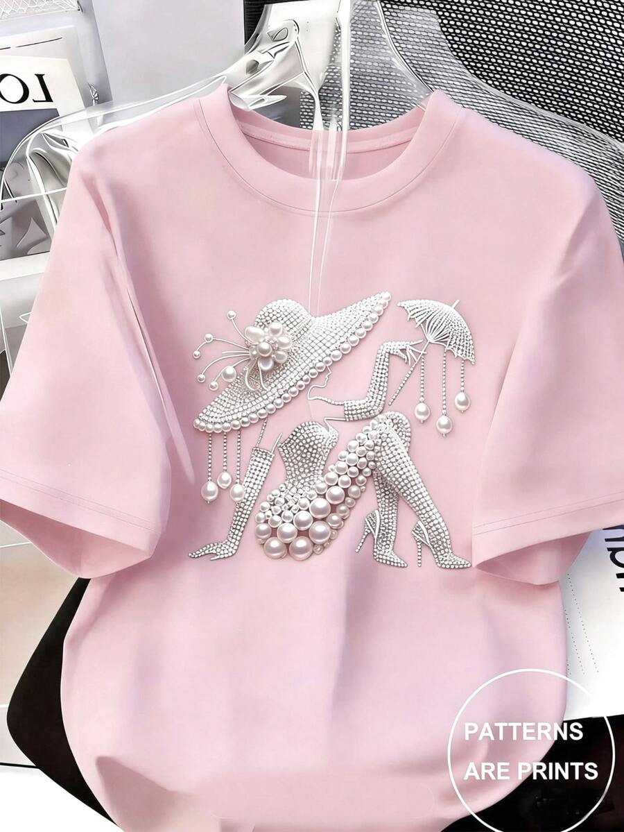 Pink Pearl Beaded Print Women Cotton Tee, French Retro Lady Graphic Rhinestone Top, Loose Crew Neck Short Sleeve Casual Summer T-Shirt, Vintage Hippie - 粉色 - 查看 1