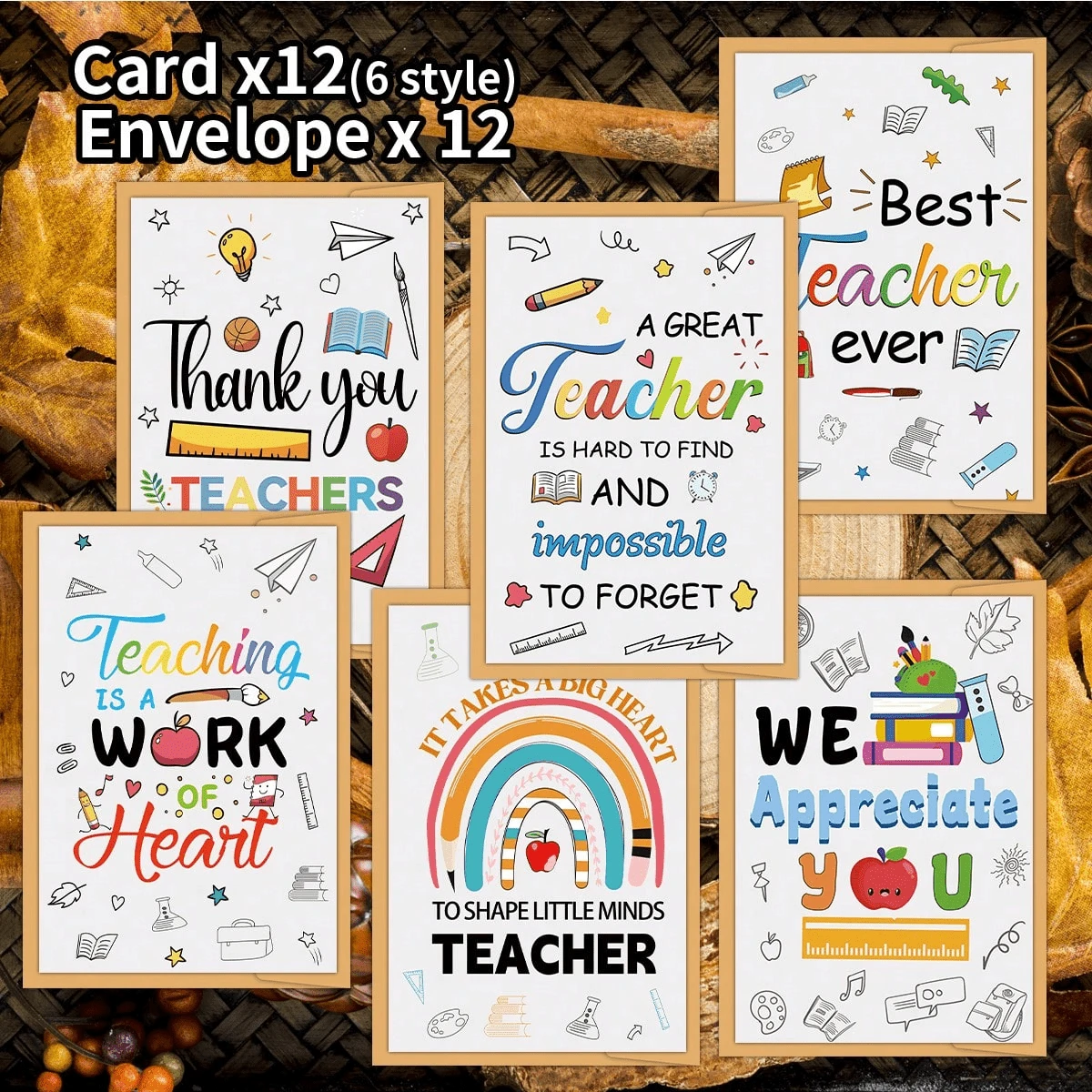 12pcs Teacher Thank You Cards With Envelopes - Multi-Purpose Teacher Appreciation Cards, Suitable For Teacher's Day, Graduation, Retirement And Holidays, Teacher Appreciation Gifts - A - View 1
