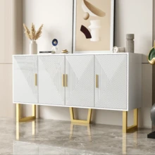 Modern And Luxurious 150cm White Sideboard With Textured Lacquered Doors And Gold Handles, 4-Door Model With Height-Adjustable Shelves. - White - View 3