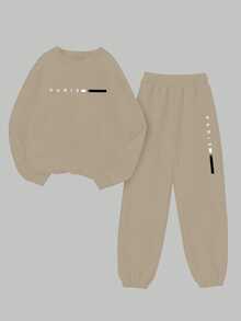 Teen Girl Letter Print Crew Neck Long Sleeve Sweatshirt And Sweatpants Casual Daily Outfit Set - Khaki - View 2