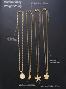 4 Stücke Boho-Stil Blumen & Kunstperlen Anhänger mehrlagige Halskette Set für Frauen, ideal für den täglichen Gebrauch & Urlaub, perfektes Urlaubsgeschenkschmuck - Gold - Übersicht 7
