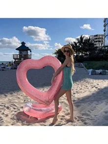 1pc Sequin Heart-Shaped Swim Ring For Adults, Heart Design, Extra Large Thickened Inflatable Life Buoy Drift Float - Multicolor - View 8
