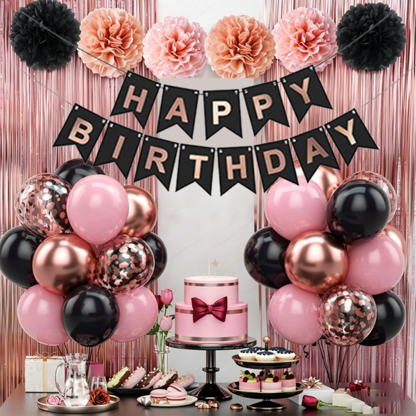 Rose Gold Black Birthday Party Decorations 12INCH Black Pink Rose Confetti Balloon Happy Birthday Banner Cake Topper Fringe Curtain Paper Pom Poms Butterfly Sticker 18INCH Heart Star Foil Girls Women