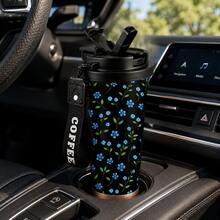 mikenda 1pc 18oz Cute Blue Floral Pattern Stainless Steel Insulated Tumbler With Lid And Handle, Double Wall Vacuum Insulated Coffee Cup, Leak-Proof Travel Mug, Portable Water Bottle, Suitable For Women Girls, School Office Gym Gift, Back To School - Black - View 6