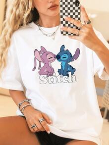 Women's White T-Shirt With Disney Minnie Mouse, Mickey Mouse, And Stitch Character Designs Is Especially Suitable For Warm Spring And Summer. - White - View 2