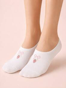 5 Pairs Random (Non-Embroidered) White Bow Cherry Preppy Boat Socks, Breathable & Comfortable, Suitable For All Seasons, Random Colors - Multicolor - View 2