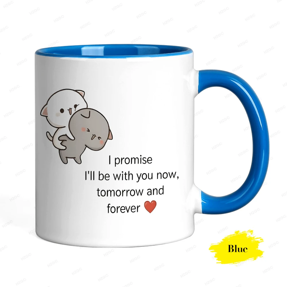 Ceramic Mug With A Cute Design Of A Pair Of Cats Hugging, Meaningful Quote, Minimalist Aesthetic, Ideal As An Affordable Birthday Gift For Everyday Use. - 藍色 - 查看 1