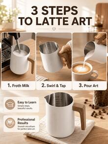 SMEGGEMS 350ML Milk Frothing Pitcher, Japanese Zen Style Wooden Handle Espresso Pot, Dual ML/OZ Scale Inside, Stainless Steel Pointed Spout Latte Art Milk Cup, Suitable For Baristas - White - View 7