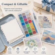 24 Color Pearl Watercolor Paint Set+Water Injectable Pen+25 Sheets Of 10 * 10cm Lace Tearable Thick Painting Paper - Advanced Flash, Rich Color Rendering, Hard Card Painting Paper, Mini Creative Painting Set - Starlight + Fountain Pen + 25mm Drawing Paper - View 9