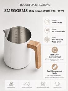 SMEGGEMS 350ML Milk Frothing Pitcher, Japanese Zen Style Wooden Handle Espresso Pot, Dual ML/OZ Scale Inside, Stainless Steel Pointed Spout Latte Art Milk Cup, Suitable For Baristas - White - View 3