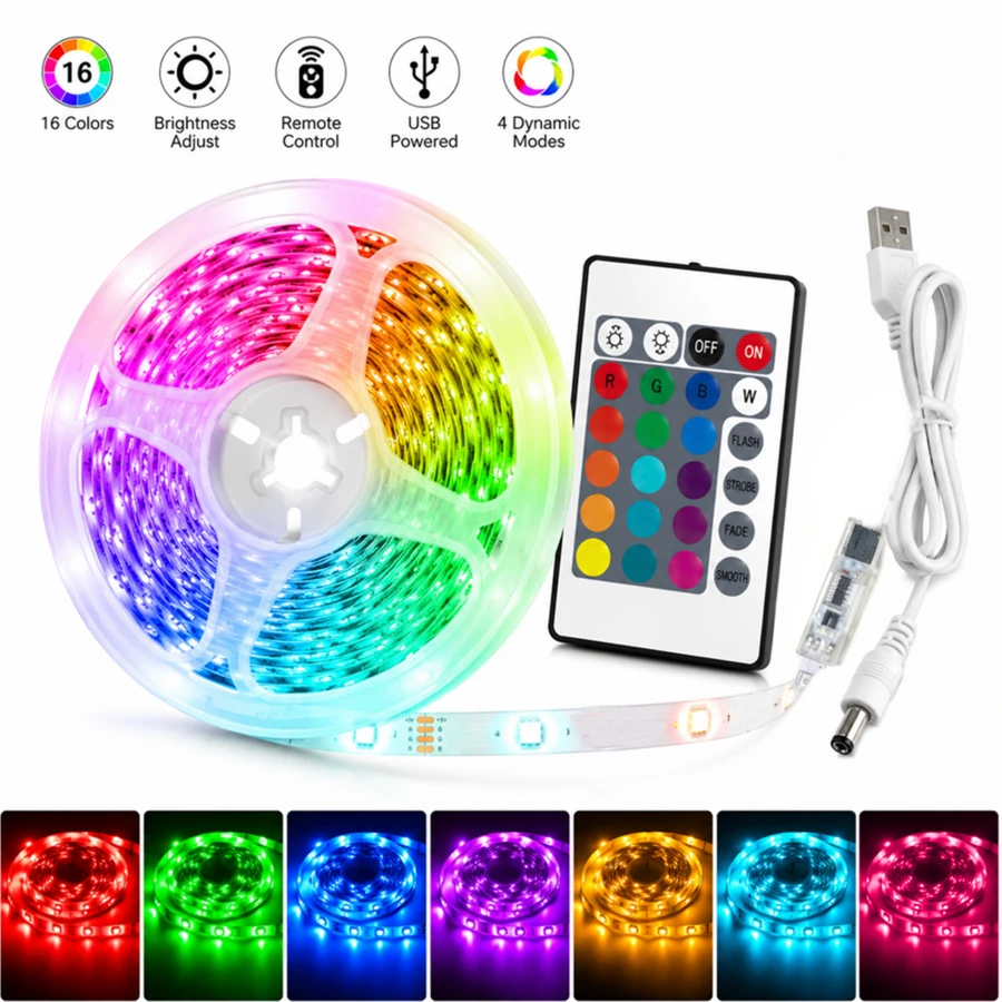 1-10m RGB LED 燈條 5050，24鍵紅外線遙控 USB 供電 自黏可裁剪 電視背光 家用臥室櫥櫃節日裝飾燈 - 24K-5050RGB - 查看 1