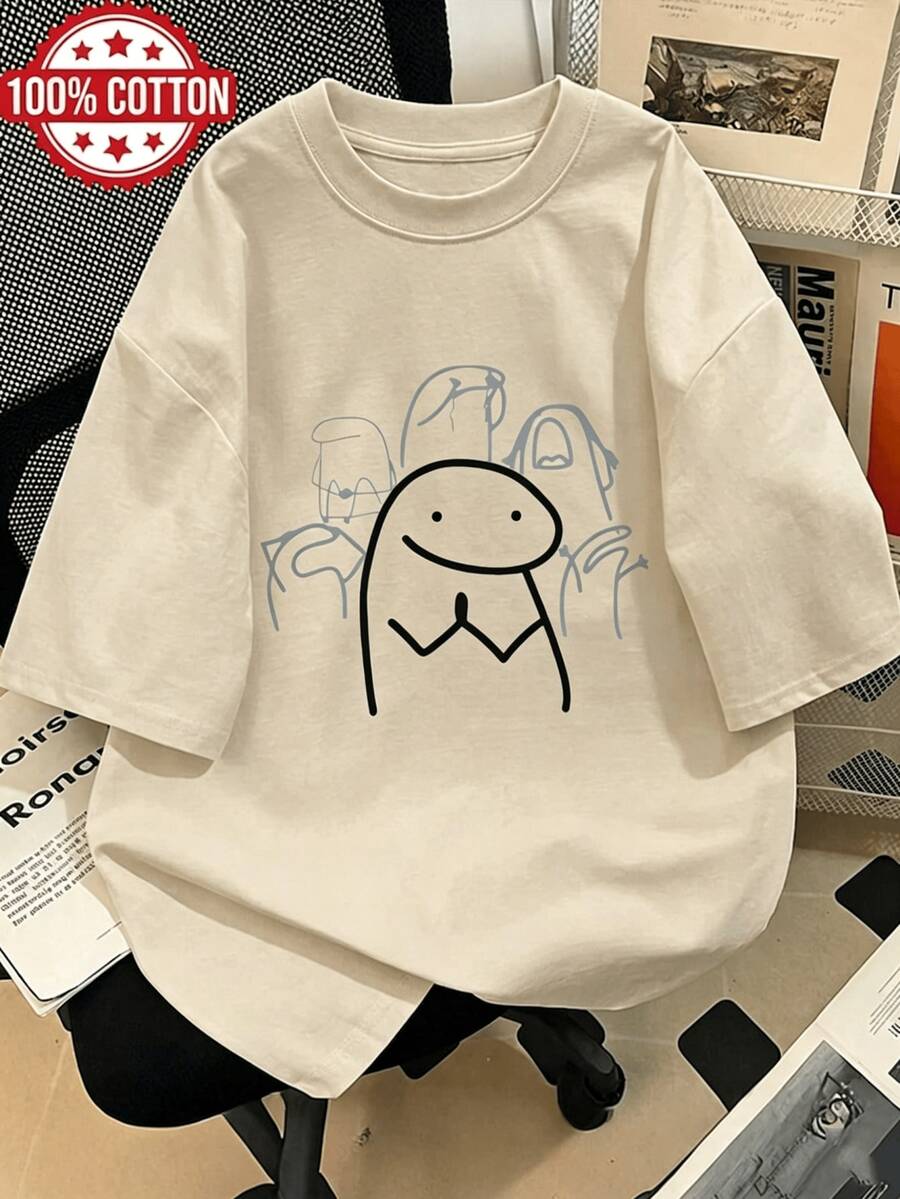 Women's T-Shirt With "Flork Of Cows" Meme, 100% Cute Minimalist Line Art Print, Breathable Oversized Casual Tee, Aesthetic Korean Streetwear - 卡其色 - 查看 1