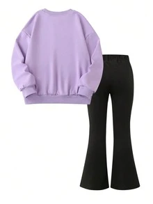 2PCS Tween Girl Salamander Print Long Sleeve Sweatshirt And Flare Pants Set, Cute Top And Pants 2-Piece Outfit For Spring And Summer, Suitable For Daily Wear - Multicolor - View 3