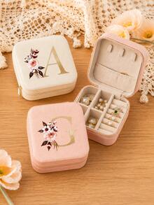 Initial Floral Letter PU Jewelry Box, Portable Travel Mini Ring Earring Pendant Storage Organizer Case, Personalized Monogram Gift Box For Women Birthday Holiday Presents - White - View 6
