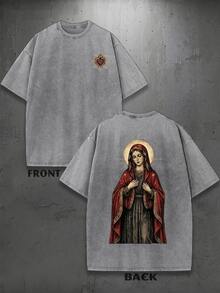 Vintage Wash Tee | Sacred Heart & Virgin Mary Graphic, Y2K Religious Aesthetic, Versatile Daily Wear, Great Personalized Gifts, Men's Summer Apparel - 灰色 - 查看 1