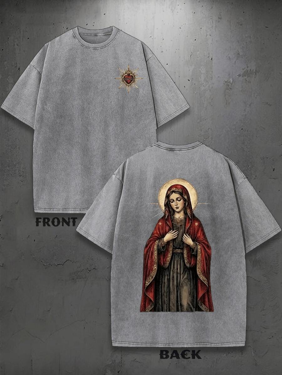 Vintage Wash Tee | Sacred Heart & Virgin Mary Graphic, Y2K Religious Aesthetic, Versatile Daily Wear, Great Personalized Gifts, Men's Summer Apparel - 灰色 - 查看 1
