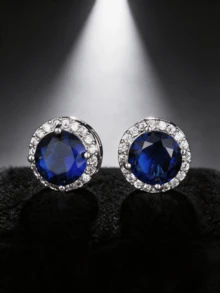 Men Emerald Green/Royal Blue CZ Round Stud Earrings Silver Hip Hop Ear Jewelry - Silver - View 4