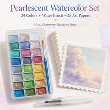 24 Color Pearl Watercolor Paint Set+Water Injectable Pen+25 Sheets Of 10 * 10cm Lace Tearable Thick Painting Paper - Advanced Flash, Rich Color Rendering, Hard Card Painting Paper, Mini Creative Painting Set - Starlight + Fountain Pen + 25mm Drawing Paper - View 6
