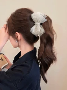 1件格紋歐根紗蝴蝶結香蕉夾，韓系溫柔仙女風透紗布料直夾，蓬鬆防滑馬尾夾，春夏約會通勤半紮丸子頭髮飾髮夾 - 彩色 - 查看 8