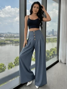 Women's Loose-Fitting Wide-Leg Pants, Solid Color, With Front Buttons And Pleats, Sizes S, M, L - 深灰色 - 查看 5