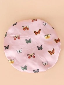 1pc Elastic Satin Bonnet With Butterfly Print, High Elasticity Hair Protection Sleep Cap, Wide Brim Fashionable Sleeping Hat - Pink Butterfly + Gold - View 3