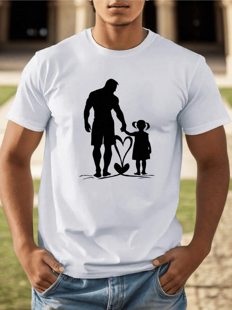 Figura de un padre tomando la mano de su hija junto a un corazón que simboliza amor y protección camiseta de hombre casual cómoda y moderna - Blanco - Ver 1