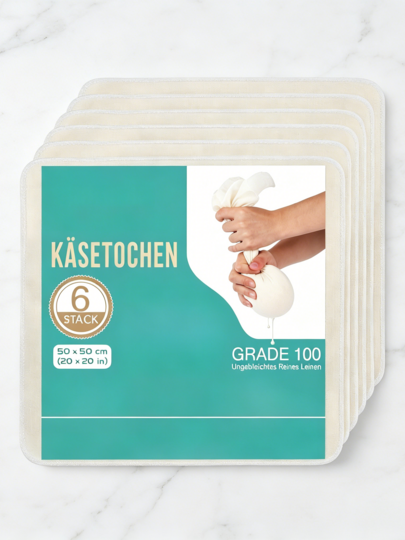 Käsetuch-Set (6-teilig) – 50 x 50 cm, hochwertiges Baumwoll-Leinen-Gewebe – ungebleicht und fein gewebt – wiederverwendbare Käsetücher, geeignet für die Zubereitung von Käse, Gelees und Soßen – ideal zum Filtern von Obst- und Gemüsesäften