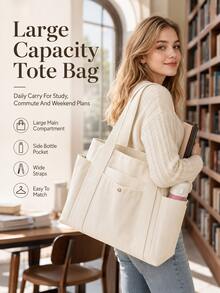Multifunctional Canvas Bag, Multi-Pocket Large Capacity Solid Color, Suitable For Casual Shoulder Tote Bag Handbag, Applicable For School, Work, Travel - Multicolor - View 3