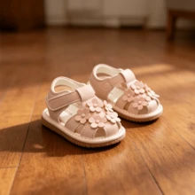 1 par de sandalias de verano con sonido de flor para bebé, lindas y livianas, con punta redonda antideslizante y protectoras, adecuadas para que los bebés aprendan a caminar en verano - Rosa Pálido - Ver 4