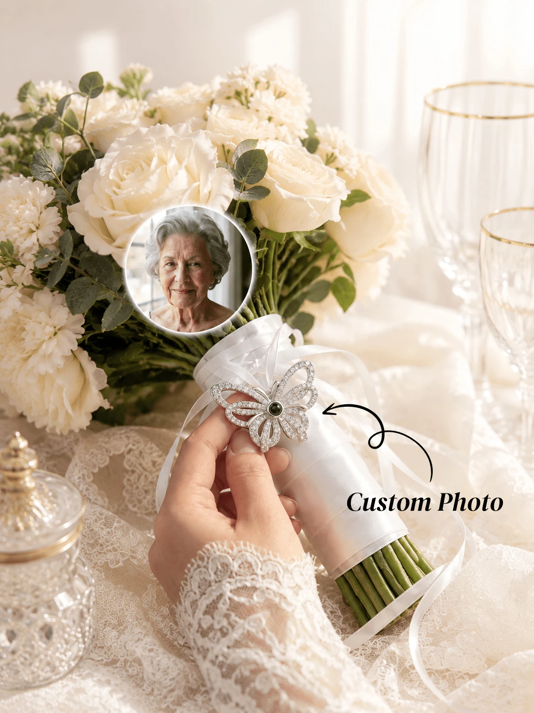 Memorial Bouquet Charm For Wedding, Custom Photo Projection Bouquet Charm, Silver Butterfly Charm, Gift For Bride, Dad In Heaven Keepsake - Multicolor - View 1