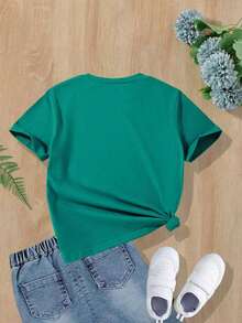 Tween Girls Round Neck Short Sleeve Casual Versatile Landscape Pattern T-Shirt Summer Vacation - Green - View 2