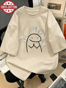 Women's T-Shirt With "Flork Of Cows" Meme, 100% Cute Minimalist Line Art Print, Breathable Oversized Casual Tee,  Aesthetic Korean Streetwear - 卡其色 - 查看 11