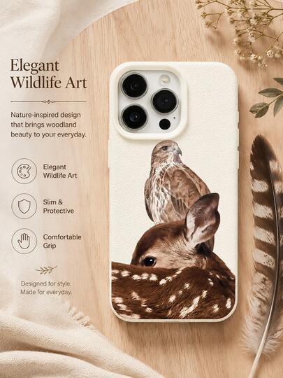 Compatible With IPhone17 Pro MAX/16/15/14 Pro/13/12/11 Series, Realistic Deer And Eagle Mori Style, Beige Lychee Texture Soft Shell, Full Coverage Shockproof Phone Protective Case, Spotted Fawn + Eagle Realistic Animal Print, Camera Raised Protection Case