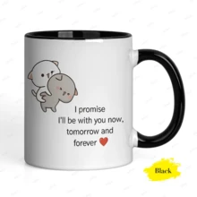 Ceramic Mug With A Cute Cat Couple Hugging Design, Meaningful Quote, Minimalist Aesthetic, Ideal As An Affordable Birthday Gift For Everyday Use. - 黑色 - 查看 5