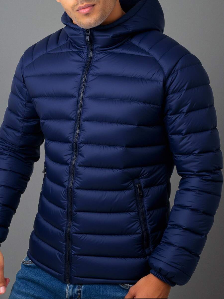 Men's Padded Bomber Jacket, Model B, With Hood And Zippered Pockets - Navy Blue - View 1