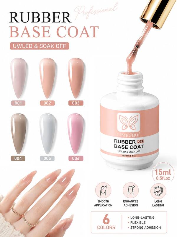LIMEGIRL 6 Warna Cat Kuku Base Coat Karet, 15ml Gel Base UV/LED Soak-Off, Gel Penguat Penyeimbang Sendiri, Manikur Tahan Lama, Seri Warna Alami Nude, Cocok Untuk Salon Kuku Dan Penggunaan di Rumah