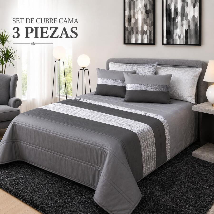 Set de Cubrecama 3 Piezas con Cojines con Relleno – Suave, Elegante y Cálido para Entretiempo e Invierno para cama135/150 - Gris Claro - Ver 1