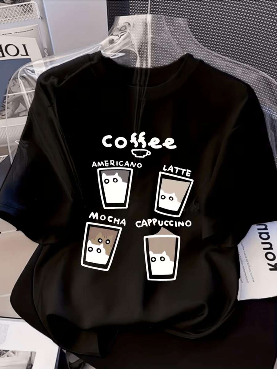 Gatos traviesos sumergidos en tazas de café espresso representan felicidad absoluta con esta linda camiseta de mujer para el diario - Negro - Ver 1