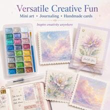 24 Color Pearl Watercolor Paint Set+Water Injectable Pen+25 Sheets Of 10 * 10cm Lace Tearable Thick Painting Paper - Advanced Flash, Rich Color Rendering, Hard Card Painting Paper, Mini Creative Painting Set - Starlight + Fountain Pen + 25mm Drawing Paper - View 10