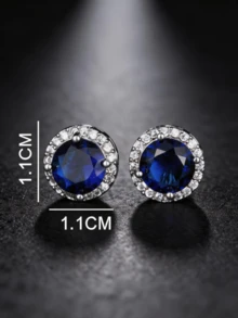 Men Emerald Green/Royal Blue CZ Round Stud Earrings Silver Hip Hop Ear Jewelry - Silver - View 6