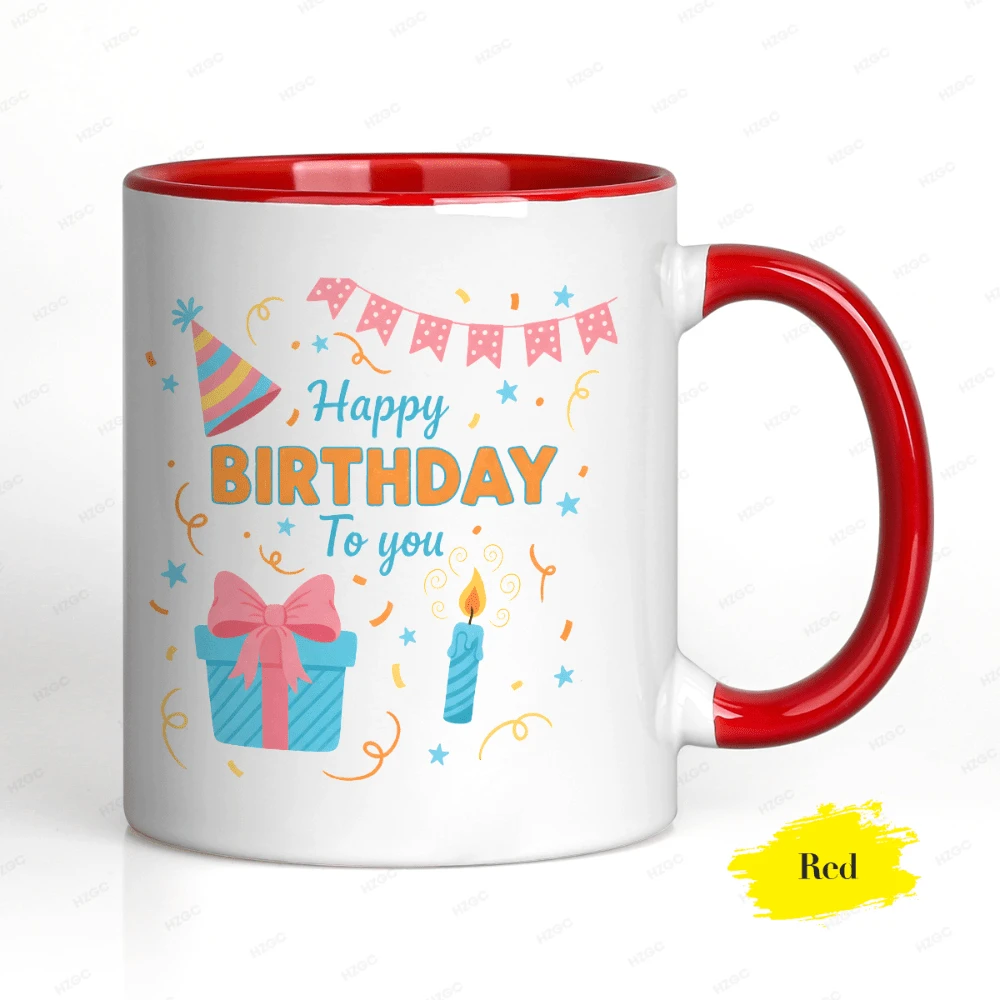 Taza de café de cerámica con estampado colorido para fiesta de cumpleaños, con caja de regalo festiva, vela y sombrero. Estilo minimalista y estético. Taza de regalo de cumpleaños asequible. - Rojo - Ver 1